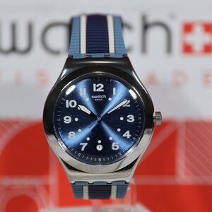 New Swiss Swatch LImited Edition Irony BLUORA Blue Gray 41MM Stainless Steel Cas